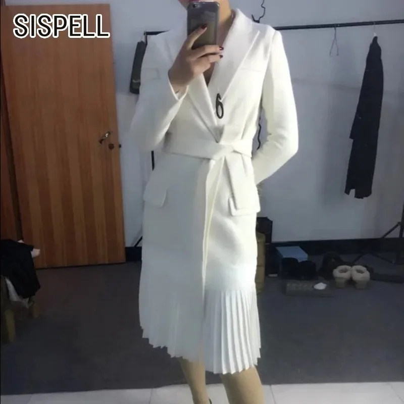 Blanc vent Bandage Hem Sispell Nouveau Vêtements Revers Élégant 2019 White Manteaux Plissé Automne Tranchée Femmes Printemps Pour Coupe Ok8X0Pnw