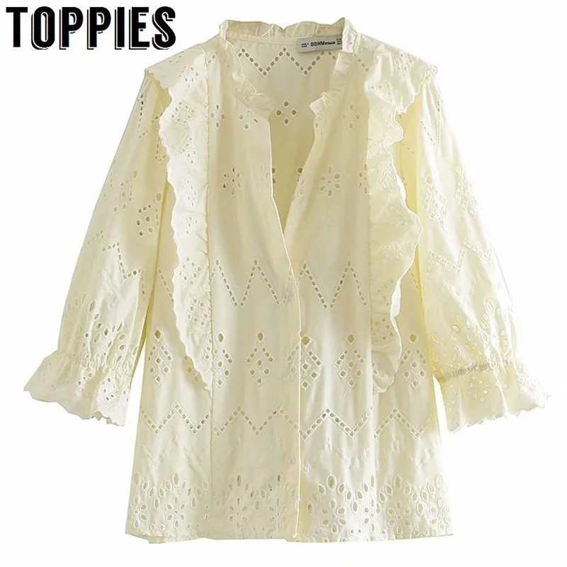 

2019 Summer Hollow Out Embroidery Cotton Tops Short Sleeve V Neck Beach Tops Female Solid Color Ruffles T-shirts BB9308