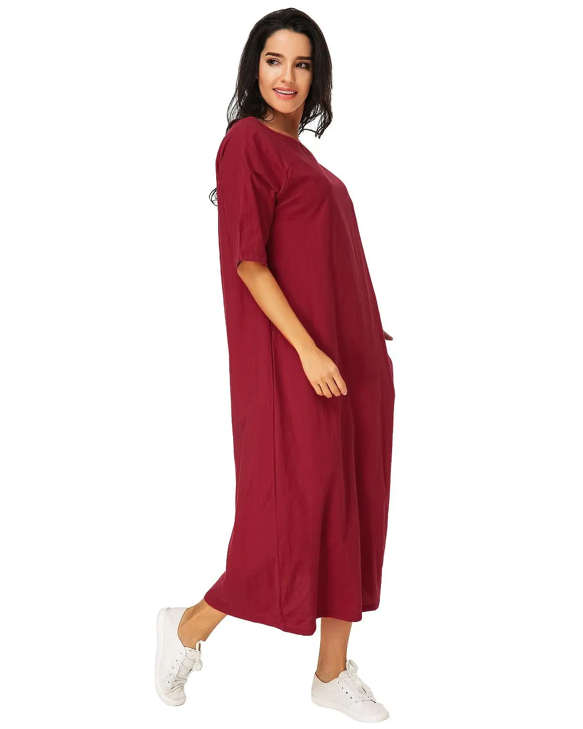 Vintage Mid-calf Dress Women 2019 Summer Casual Loose O Neck Half Sleeve Solid Vestidos Elegant Lad