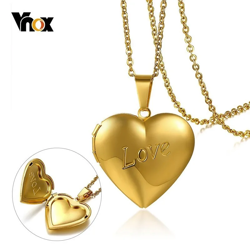 

Vnox Elegant Locket Pendant for Women Heart Love Stainless Steel Necklaces Gold Tone Female Jewels