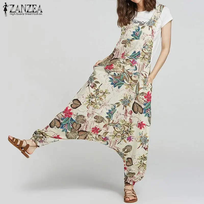 Комбинезоны размера плюс женские с заниженным шаговым швом комбинезоны ZANZEA Летний комбинезон винтажный льняной с цветочным принтом Pantalon Combinaison Femme
