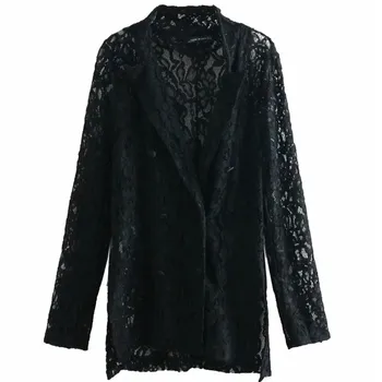 

New Arrival Spring Women Hollow Out Lace Black Blazer Casual Female Solid Long Sleeve Thin Coat