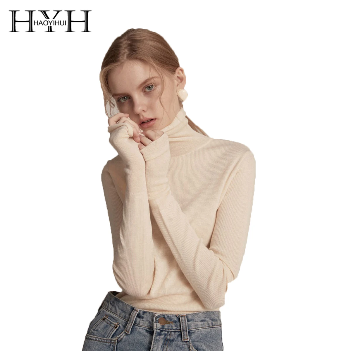 HYH HAOYIHUI/маленькие свежие и милые однотонные топы с высоким воротником тонкий