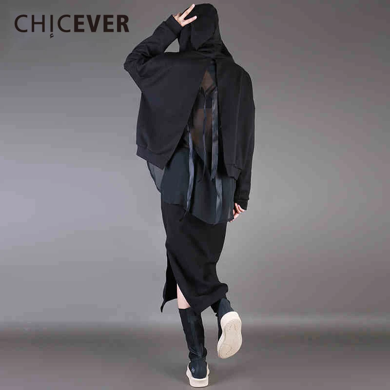 Женская толстовка CHICEVER черная Лоскутная Толстовка из шифона с бантом на спине
