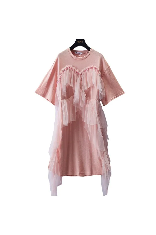 Лето, расшитое пайетками, расшитое бисером, сетчатая неравномерная одежда для женщин, свободное Повседневное платье с круглым вырезом и коротким рукавом, AS198