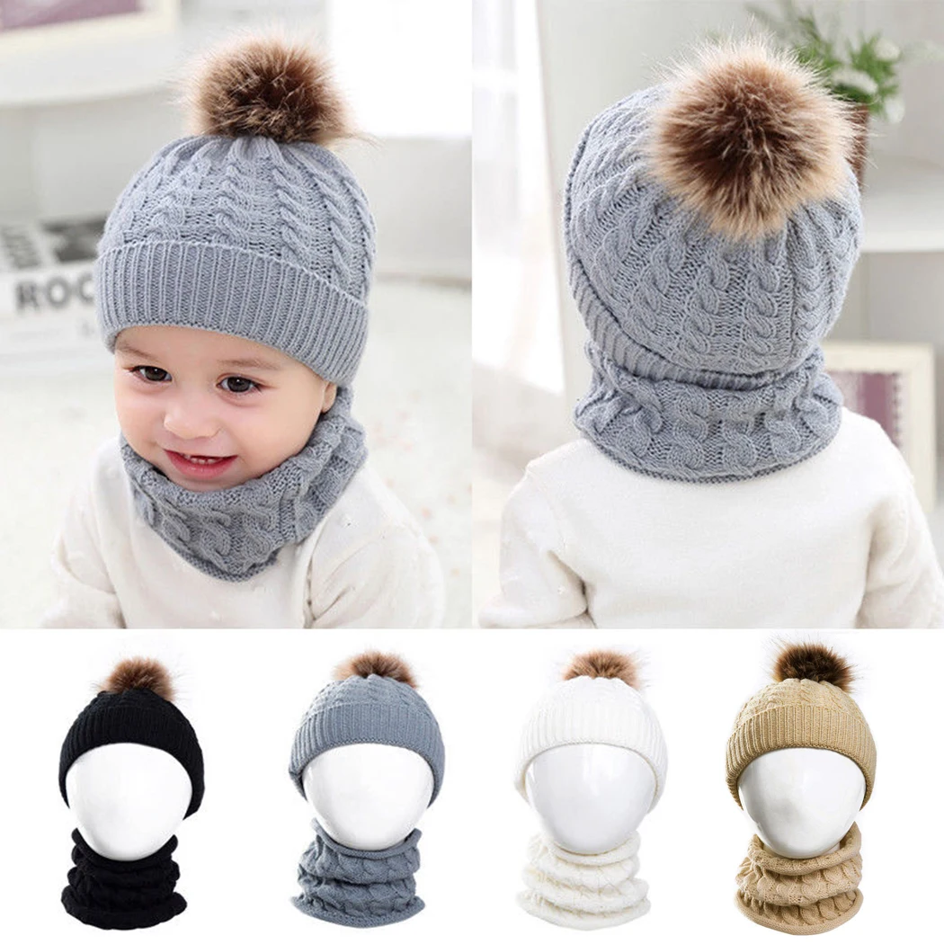 Fashion Hat And Scarf Set Baby Boys Girls Winter Cap Knitted Warm Solid