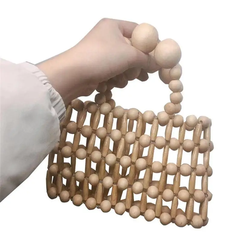 

Women Ins Style Hand Woven Hand Bag Tote Beach Natural Wood Beads Bamboo Handbag For Summer Female Ladies Fashion Handbags Bags