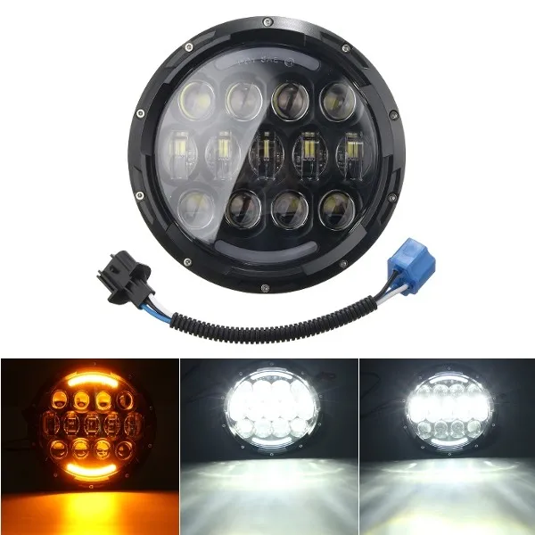 

7" 105W LED 6000k Headlight Hi/Lo Beam DRL H4 To H13 Plug Yellow Turn Light for Jeep for Wrangler JK 1997-2016 For Harley