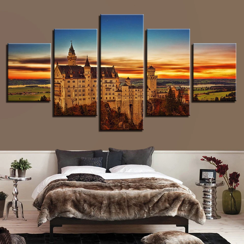 

Canvas Wall Art HD Prints Modular Pictures 5 Pieces Sunset Retro Castle Landscape Posters Paintings Living Room Decor Framework