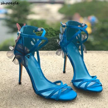 

SHOOEGLE Women Wedding Shoes Butterfly Sandals Silk High Heels Gladiator Buckle Strap Stilettos Party Dress Sandals Bride Heels