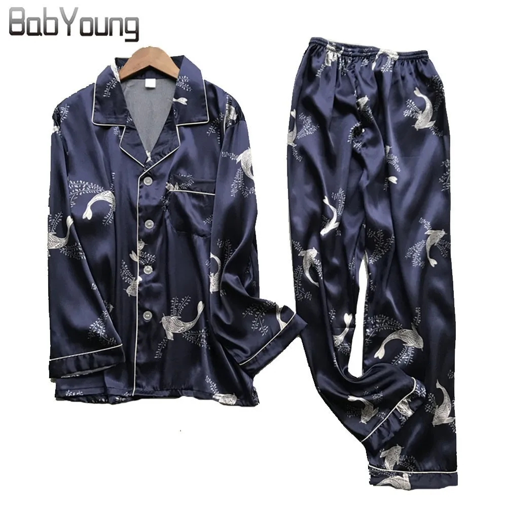 

BabYoung Men Pajamas Set Satin Pyjamas Fish Pattern Pj Long Sleeve Sleep Lounge Nightwear Silk Sleepwear Pijama Hombre Plus Size
