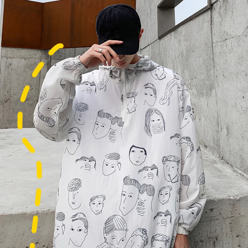 

Men's shirt 2019 summer new slim cartoon character printed long-sleeved hooded shirt loose casual personality youth men's wear