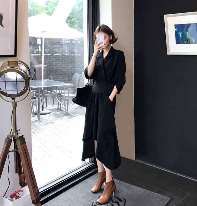 LANMREM Spring New Fashion Korea 2019 New Fashion Notched Three Quarter Sleeve Irregular Hem Mid-calf Dress Woman FA14001 LANMREM Spring New Fashion Korea 2019 New Fashion Notched Three Quarter Sleeve Irregular Hem Mid-calf Dress Woman FA14001