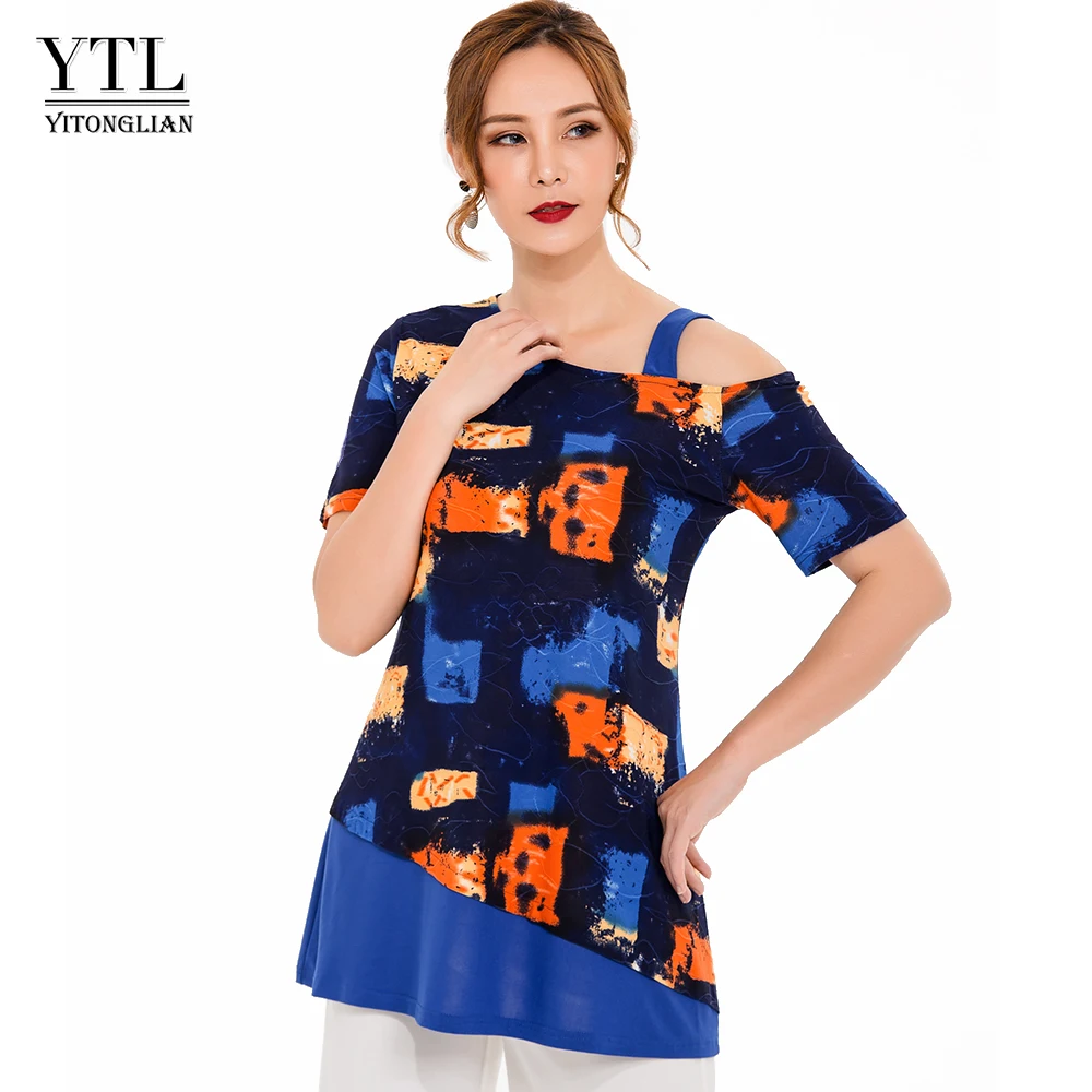 

2019 New Summer Women Tops One-shoulder Geometric Printing Short Sleeve Patchwork Chiffon Loose Casual Fashion Ladies Tunic H216