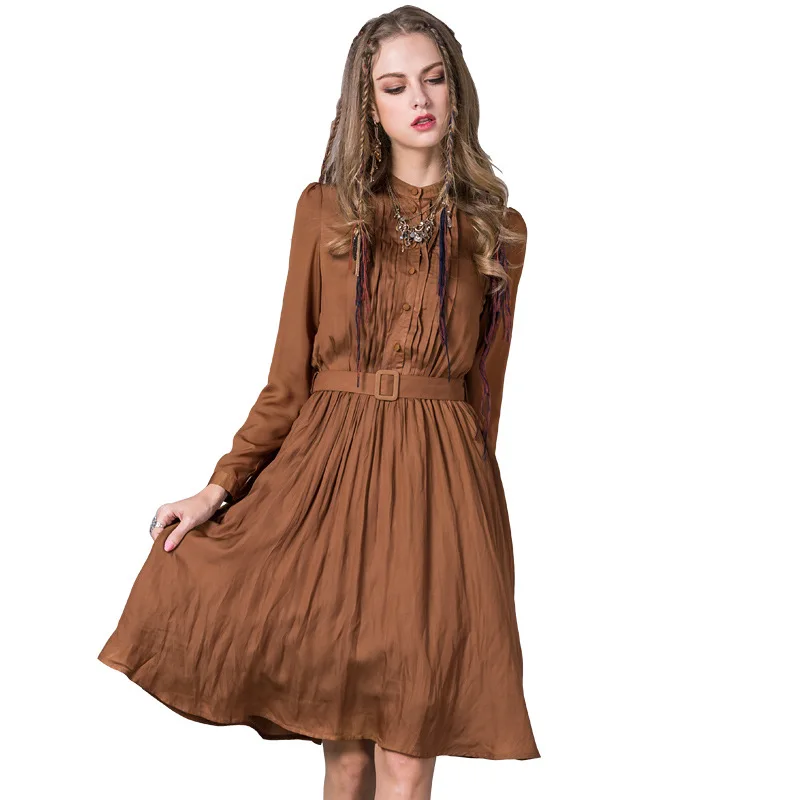 

Dress Polyester Dresses women Dresses Faux Fur Vintage Pleated Solid Full Knee-Length Regular Stand Brown MX255