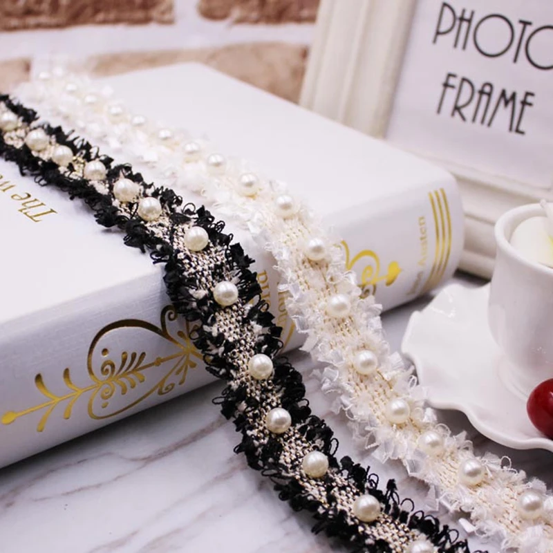 

1PC 0.9m Polyester Imitation Pearl Beaded Lace Ribbon Braided Trim Garment Supply Hometextile Clothes Embellishment 2.5/3cm Wide