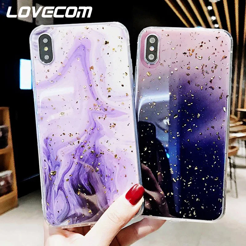 

LOVECOM Gold Powder Marble Cases For iPhone XS Max XR XS X 6 6S 7 8 Plus Full Body Soft TPU Epoxy Phone Back Cover Cases Coque