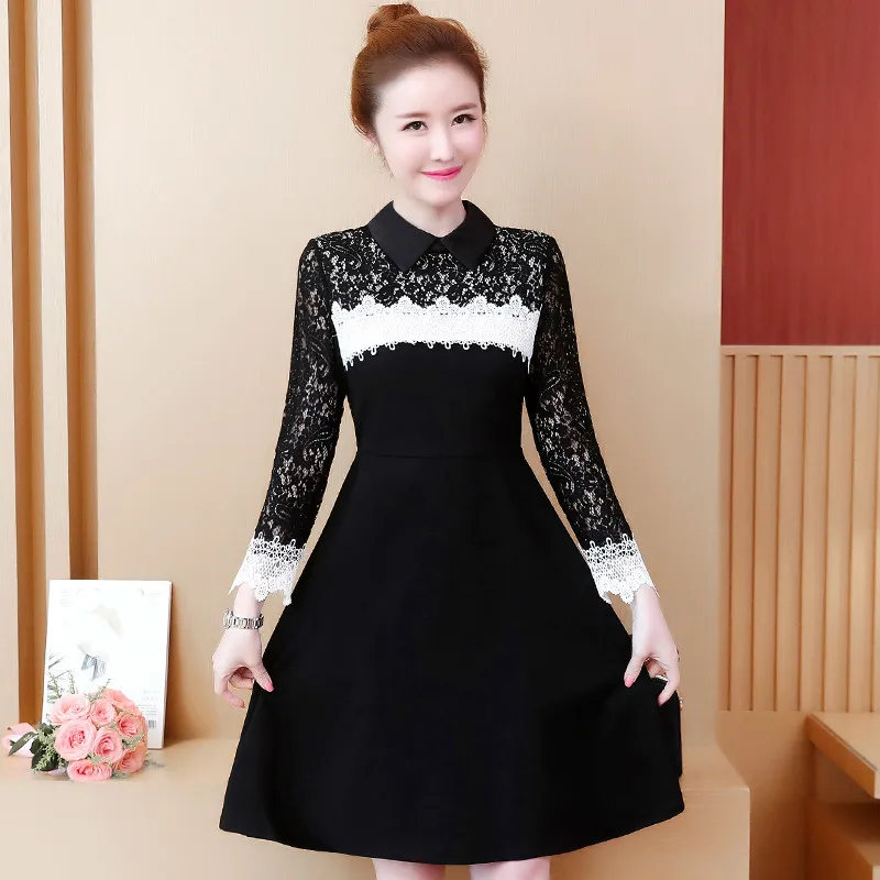 

Women Lace Mini Dress New 2019 Spring Autumn Fashion Long Sleeve Turn-down Collar Elegant Slim A-line Party Dresses Plus Size