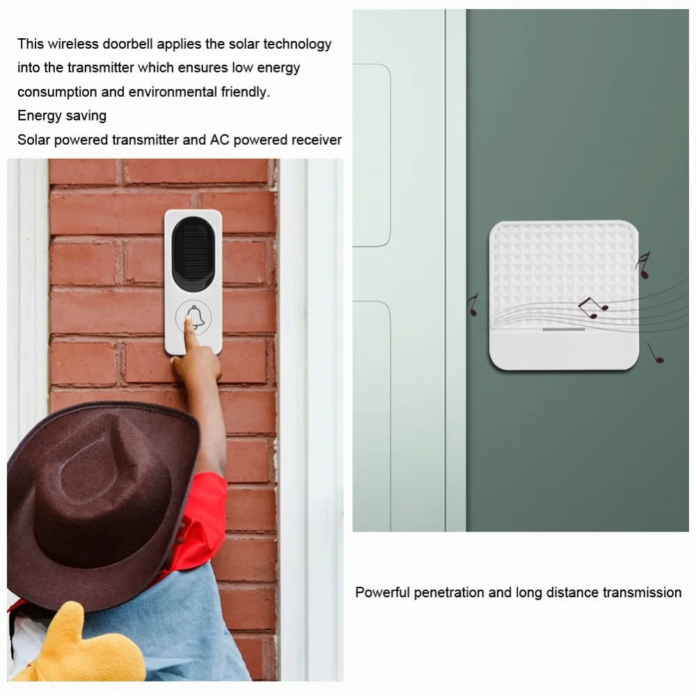 

52 Tunes Wireless Doorbell Solar Panel Transmitter + Plug-in Receiver Home Door Bell 90~260V High Quality