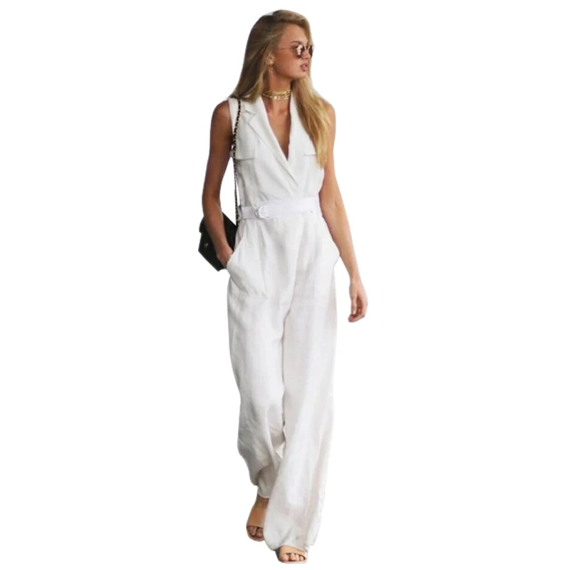 

jumpsuits and rompers white notched collar sleeveless belted long pants women jumpsuite office bodysuit elegant ladies jumpsuits