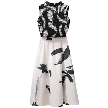 

2 Piece Set 2019 Summer Women Mesh Top Two-piece Print Split A-Line Skirt Set Ladies Sleeveless Long Skirt Set