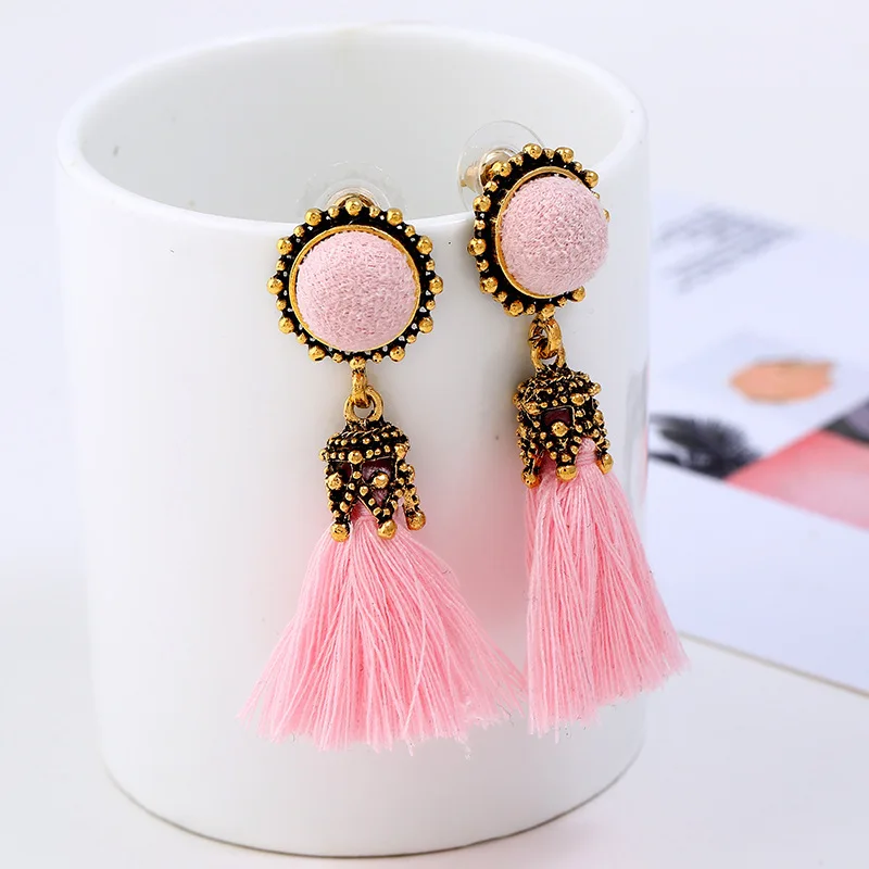 

2019 Ethnic Small Tassel Earrings for Women Fashion Jewelry Bohemian Ball Statement Face Fringe Tiny Drop Earring Female Gift