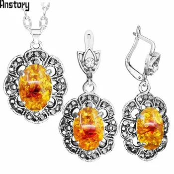 

Plum Flower Simulated Ambers Necklace Earrings Jewelry Set Rhinestone Vintage Look Fashion Jewelry For Women TS430
