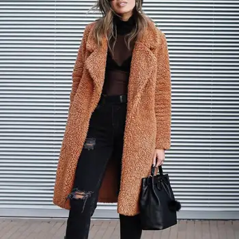 

Women Winter Lamb Faux Fur Long Jacket Coats Open Stitch Female Thick Warm Solid Teddy Coat Fleece Soft Plush In-Style Outerwear