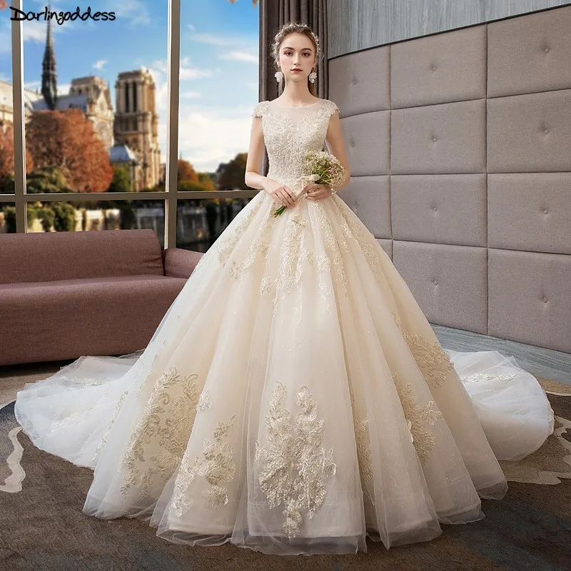 Luxury Long Train Ball Gown Wedding Dresses 2019 Lace Cap Sleeves