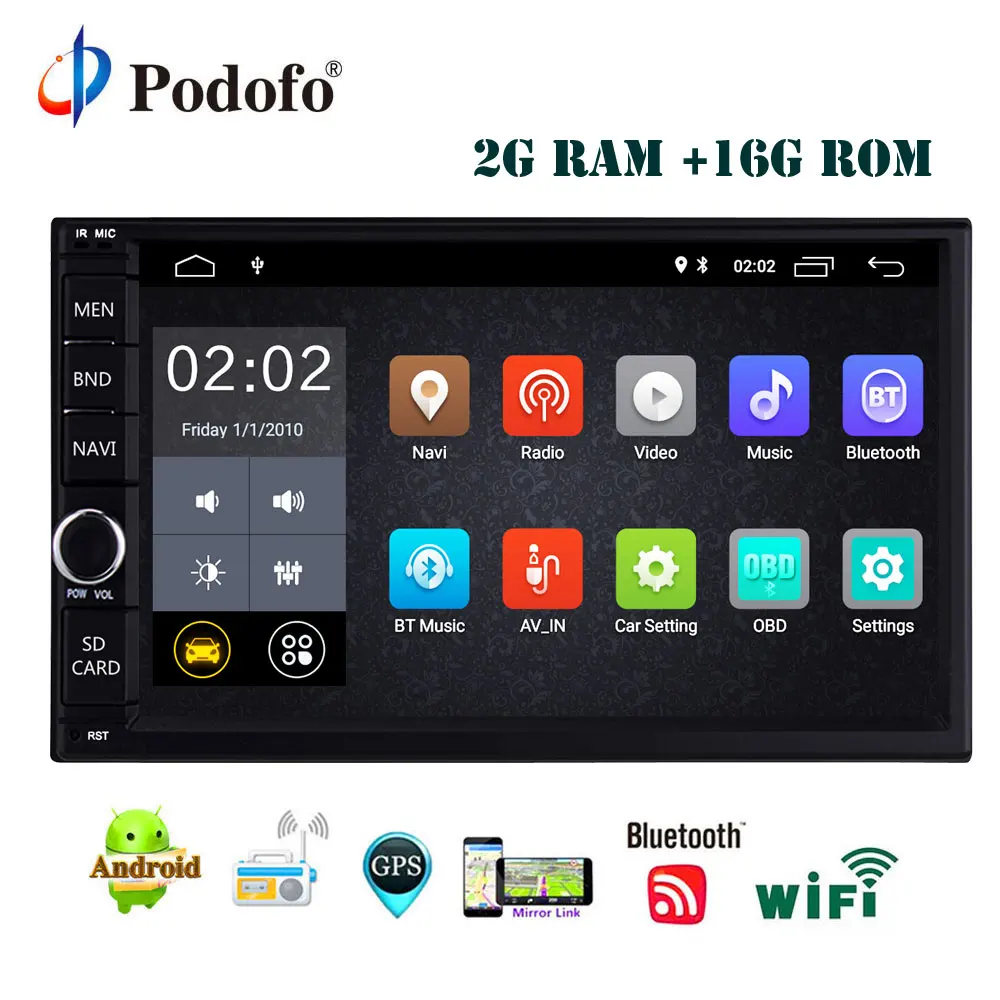 

Podofo 2 Din Car Radio GPS Android 8.1 Universal Quad Core 2G 16G Double DIN WIFI Autoradio Navigation Mirror Link Backlight