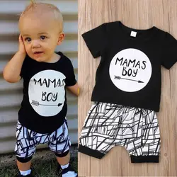 Комплект одежды для маленьких мальчиков от 0 до 24 месяцев, черная футболка с буквенным принтом для мальчиков, белые штаны в полоску