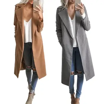 

Solid Color Turn-down Collar Long Wool Coats for Women