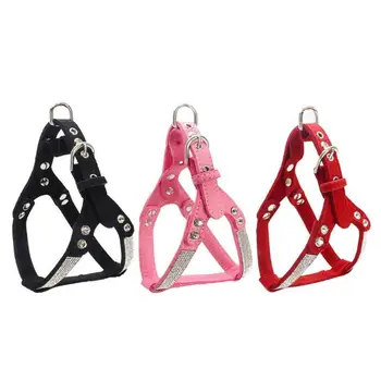 

Soft Suede Leather Dog Harness and Leash Set Rhinestone Puppy Vest With Crystal Bone Pendant For Small Medium Pets Chihuahua