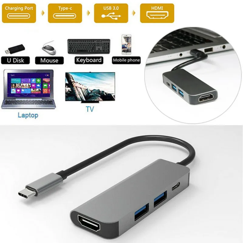 

Type-C Hub to 4K HDMI with 3 Ports USB 3.0 4 in 1 Aluminium USB-C Type C Data Cables Converters Multiport Adapter