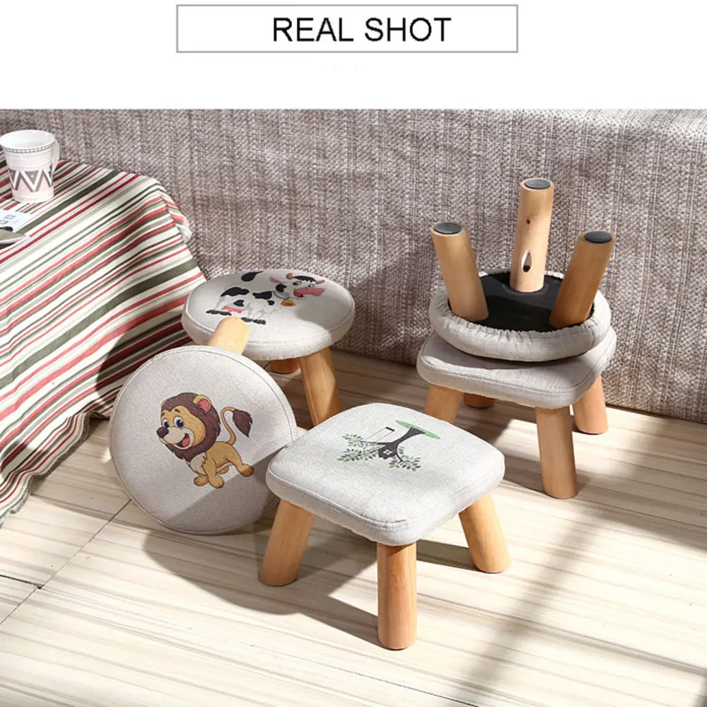 

Modern Stool Solid Wooden Washable Fabric Stool Solid Fabric Linen Creative Children Small Chair Sofa Round Bench 28*28*20cm