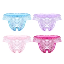 DPOIS Мужское нижнее белье из мягкой ткани с оборками и бантом, нижнее белье с низкой талией, эластичные бикини, сексуальные трусы с открытой промежностью