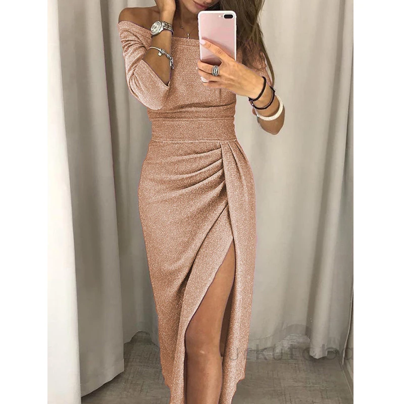 

New Women Off Shoulder Formal Business Work Party Pencil Dress Ladies Split Sexy long sleeve midi bodycon solid dress summer
