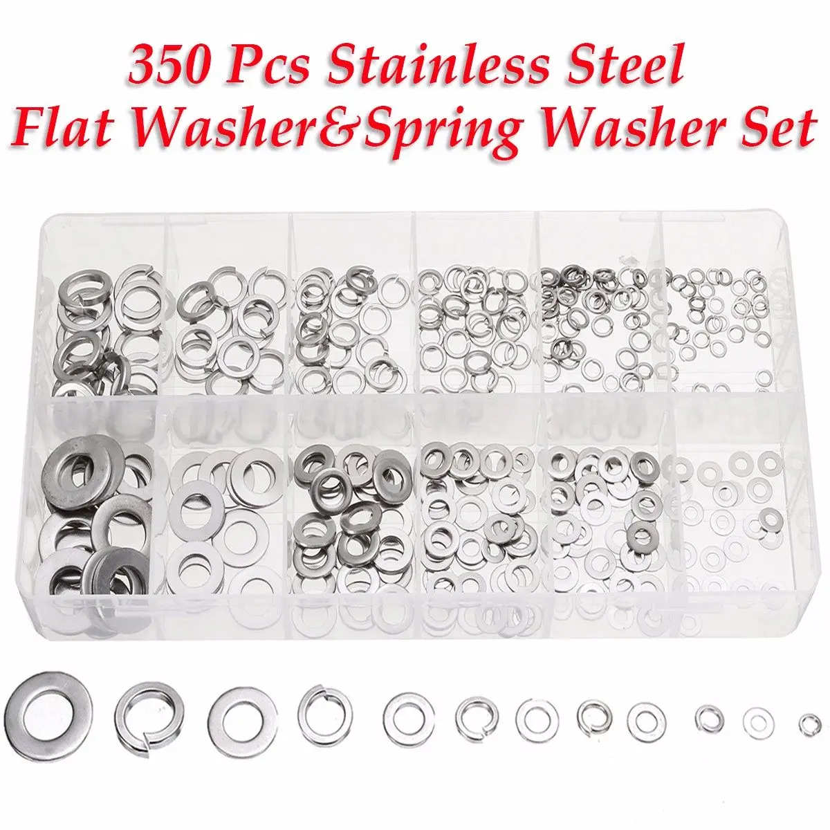 

350pcs Washer Flat Split Spring Lock Assortment Stainless Steel 12 Sizes Case Set with Box Fasteners Washer Hardware