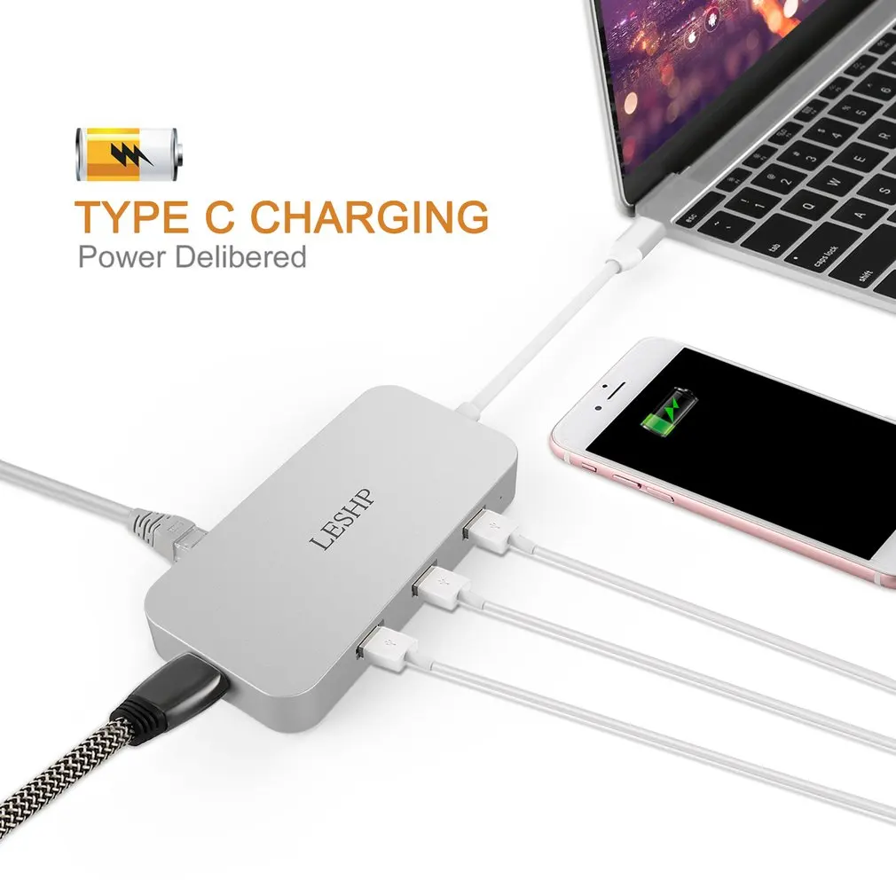 LESHP Aluminum White Type-c to USB-3.0 3 Port HUB RJ45 Gigabit HDMI 4K PD Charging Digital AV Conve