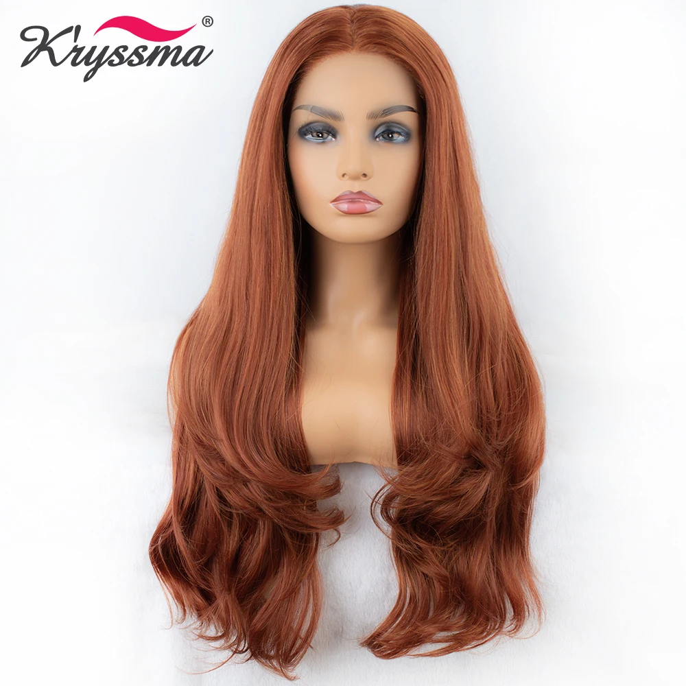 

Long Copper Red Synthetic Lace Front Wig Right Part Orange Wavy Wigs for Women Glueless Natural Hairline Heat Resistant Fiber