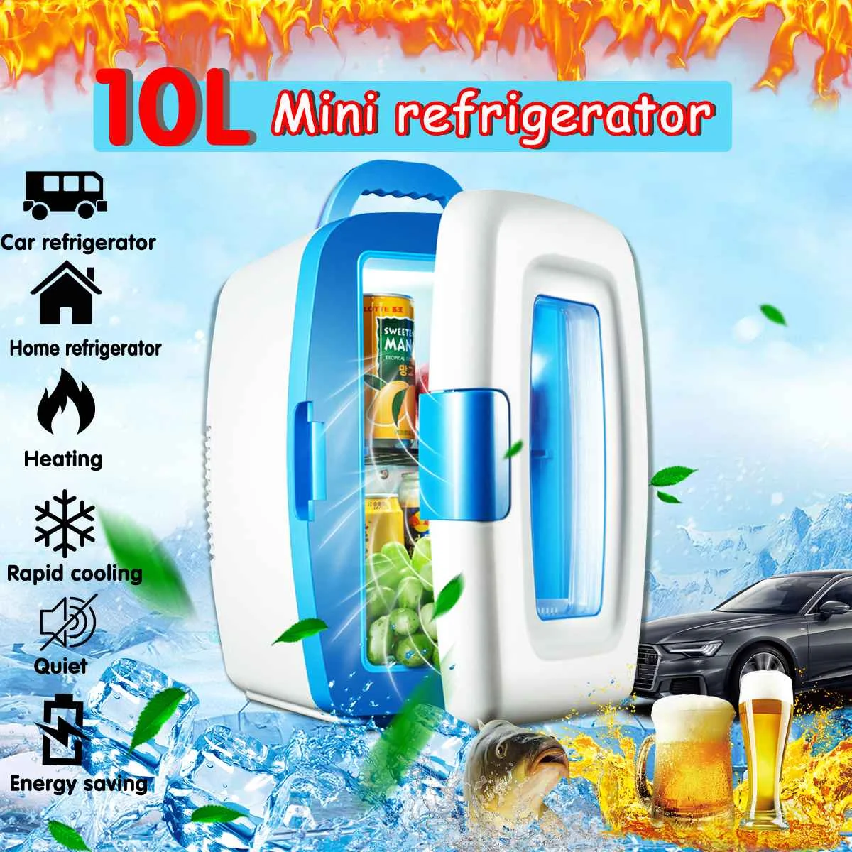 

10L Mini Car Refrigerator Freezer Cooler Warmer Multi-Function Home Camping Dual - Purpose Vehicle Portable AC 220V/ DC 12V