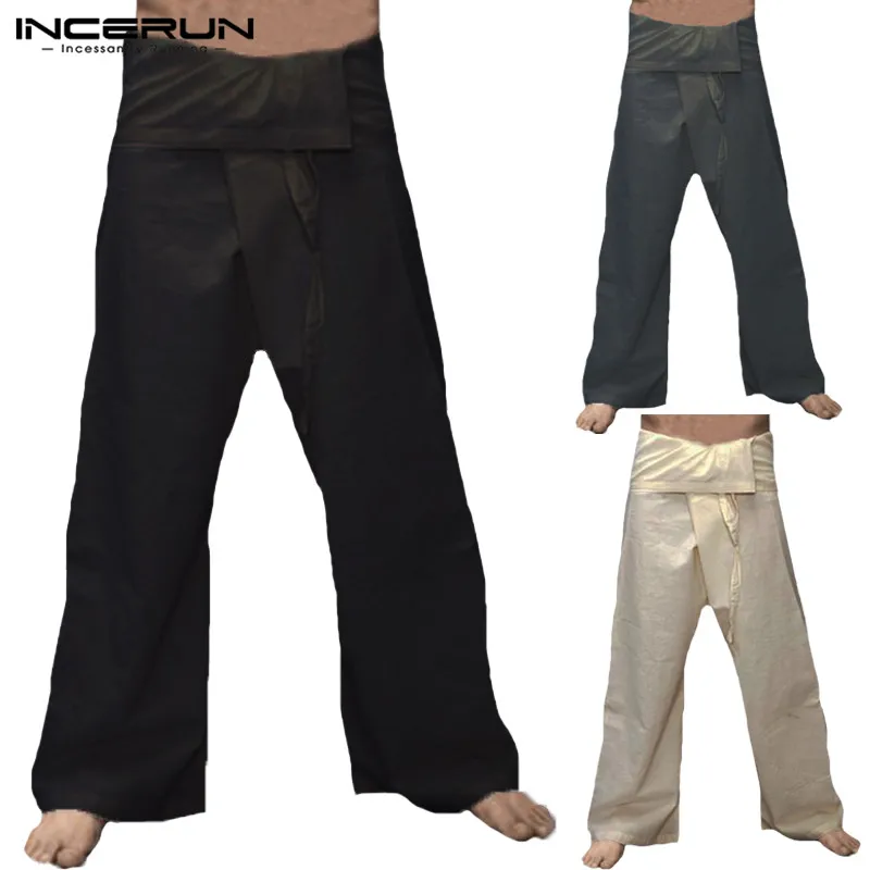 

INCERUN Plus Size Men Thai Fisherman Pants Loose Cotton Fashion Trousers Men Wide Legs Solid Lace Up Male Casual Pants Hombre