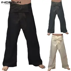 INCERUN плюс размеры для мужчин тайские штаны для рыбалки свободные хлопковые модные мотобрюки широкие брюки одноцветное кружево Up мужской