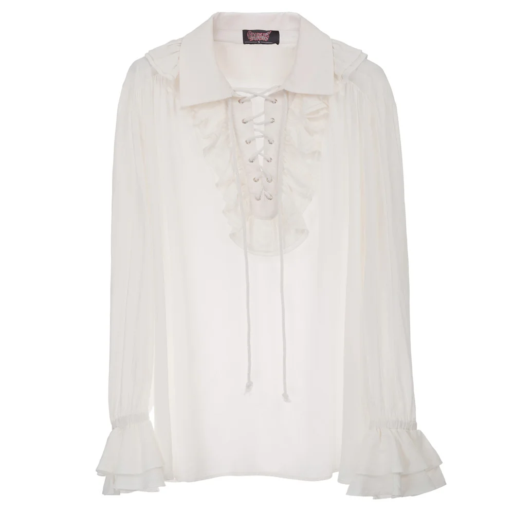 Goedkoop Mannen Middeleeuwse Lange Mouwen Revers Kraag shirt vintage retro party victoriaanse gothic Ruche Versierd Lace Up Shirt mannen Tops ivoor