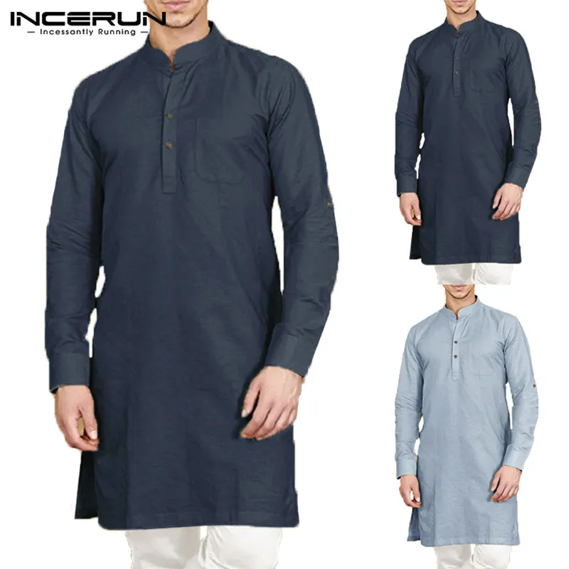 Retro Muslim Man Clothing Kaftan Kurta Suit Men Dress Shirts Long