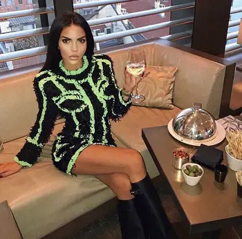 

High Quality Black Green Long Sleeve Elegant Dress Evening Party Bodycon Dress