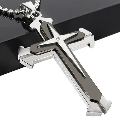 

Fashion Cross Pendant Necklace for Men Multi-layer Metal Stainless Steel Pendant Long Necklace Men