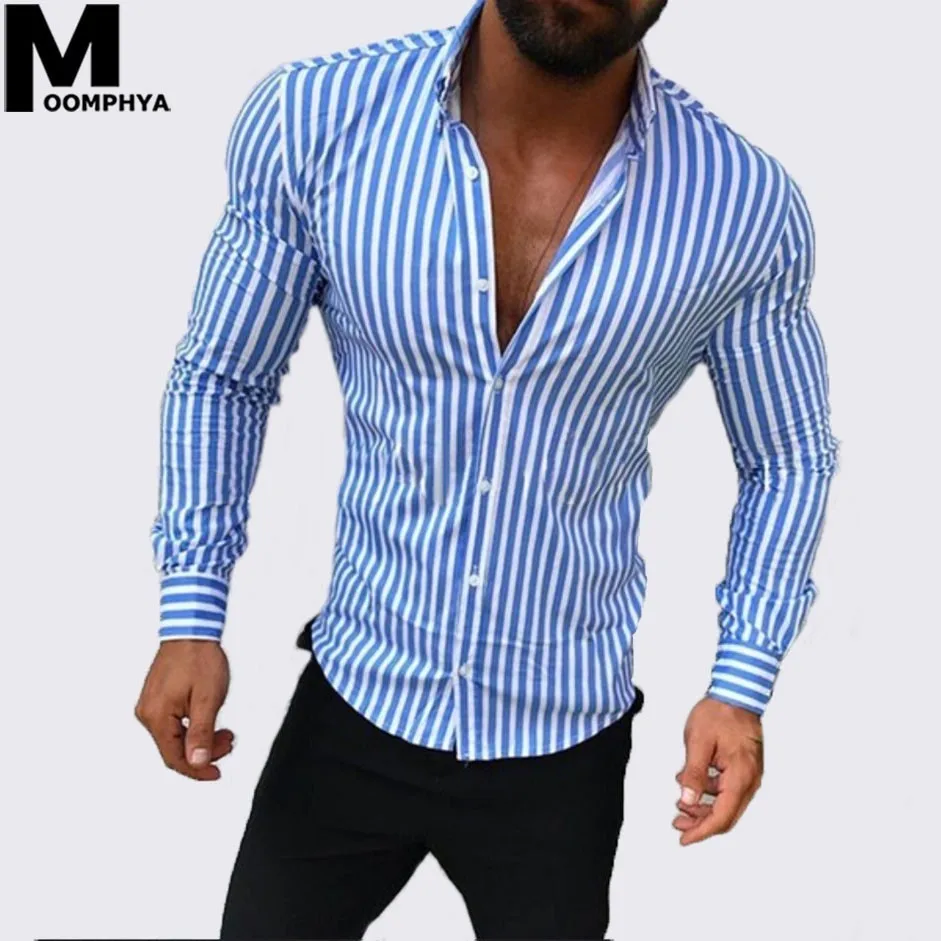 Moomphya 2019 Новое поступление в полоску мужская рубашка Slim Fit для мужчин уличная