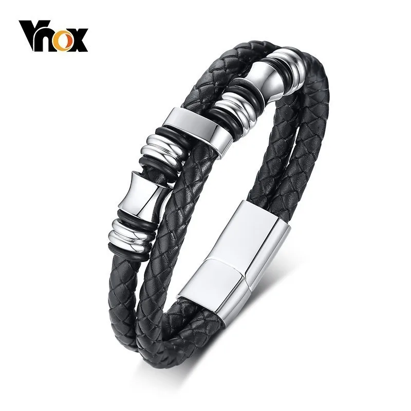 

Vnox Stylish Double Layers Real Leather Bracelets for Men with Magnet Clasp Stainless Steel Charms Bangle for Gentleman Gifts