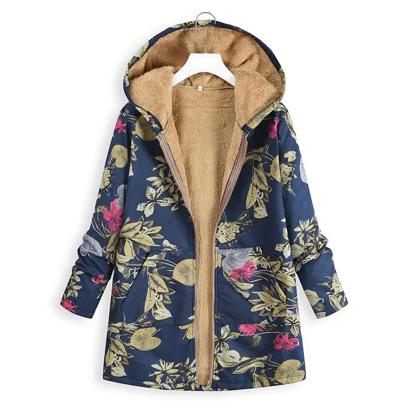 2018 زهرة طباعة معطف المرأة سترة القطن طويل مقنع الرقبة السيدات عارضة معاطف امرأة الملابس الصوفية الدافئة معطف الشتاء SJ1116X